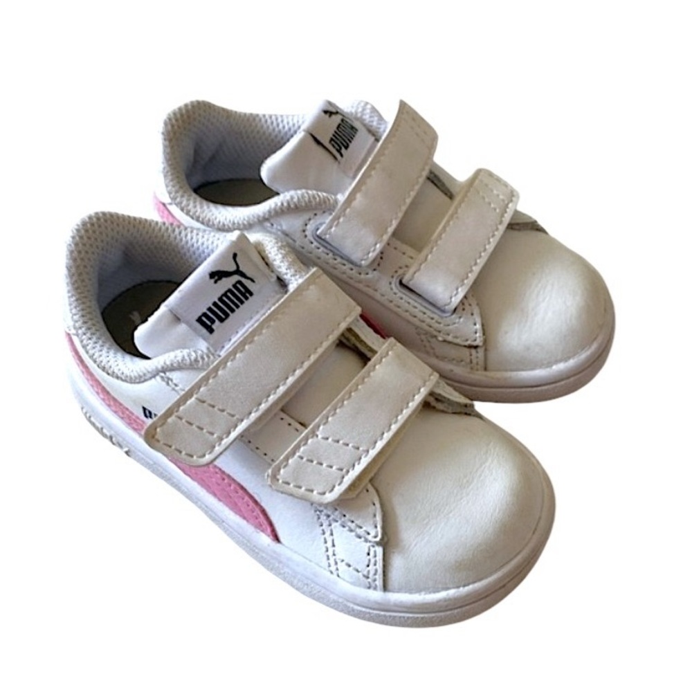 PUMA Toddler Girls Smash V2 L V Lace Up Sneakers Shoes Casual White Pink Velcro